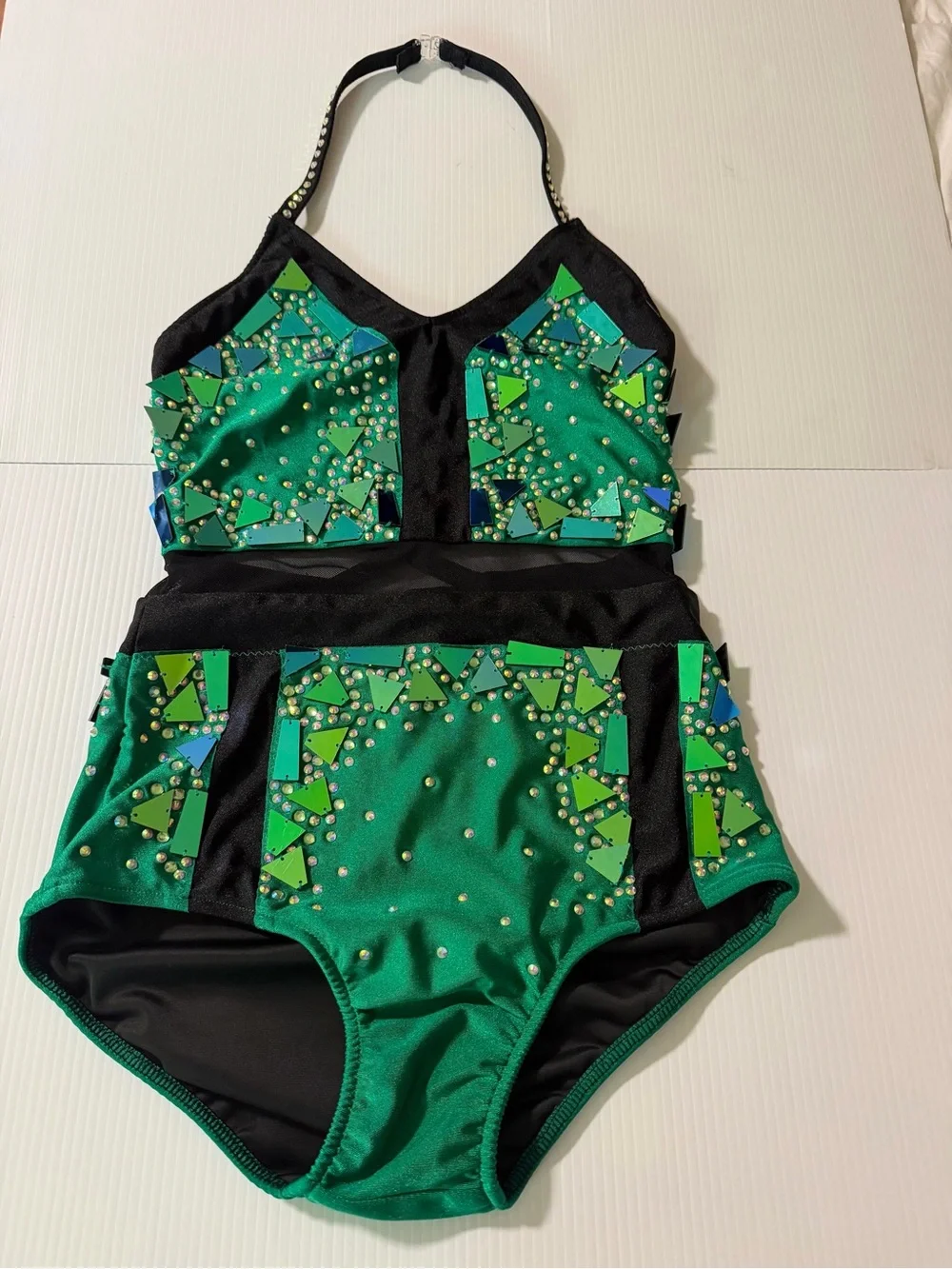 Glamour solo dance costume green embellished jazz acro contemporary SA adult